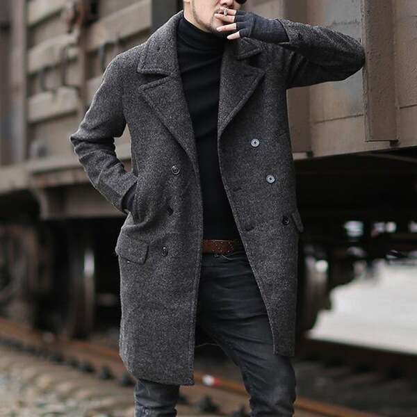 New Double Breasted Mid Length Men's Lapel Woolen Trench Coat
