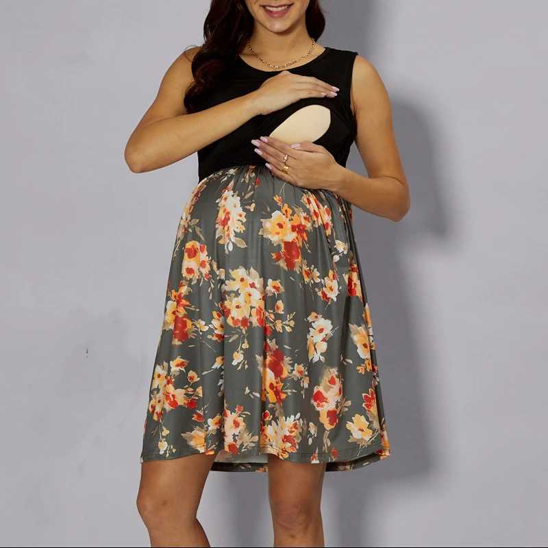 Europe And America Maternity Dress Summer Print Contrast Stitching Breastfeeding Sleeveless Elegant Dress Ladies Fashion ClothesT250311