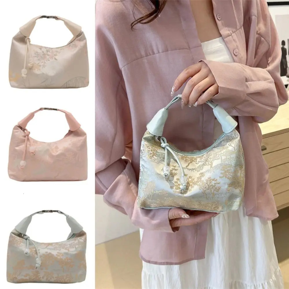 Sweet Embroidery Shoulder Bag Nylon Texture Pearl Pendant Crossbody Bag Small Bucket Handbag Women Girl R250311