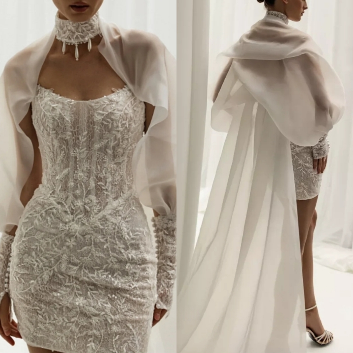 2025 Lace Short Sheath Wedding Dresses With Wrap High Collar Long Sleeves Boho Beach Bridal Gowns Appliques Beading Stylish Civil Bride Dress Back Lac