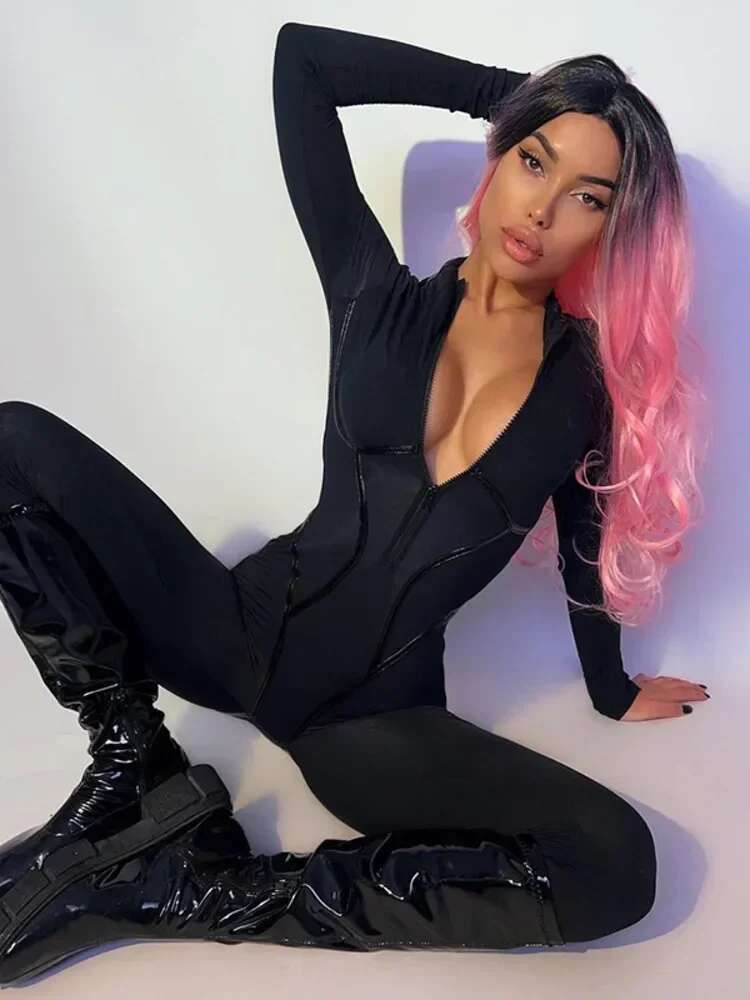 XIAOTANG Black Sexy Skinny Jumpsuit Women Overalls O Neck Full Sleeve Zipper Sporty Jumpsuits Ladies Fashion Rompers Streetwear