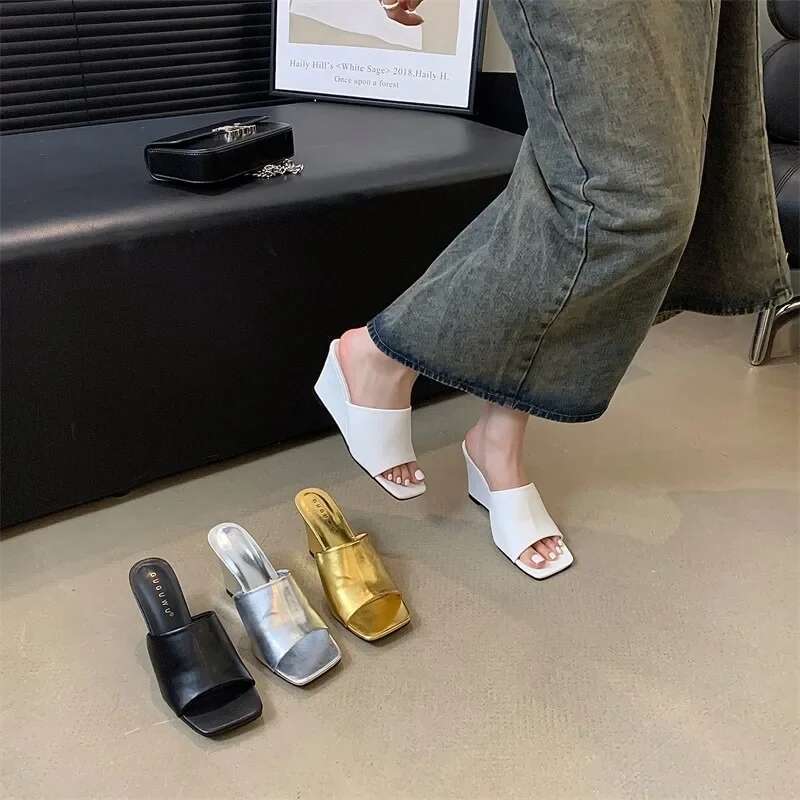 Open ToeSummer Quality Modern Slippers Women's Square Toe High Wedge Heel Outdoor Sandals