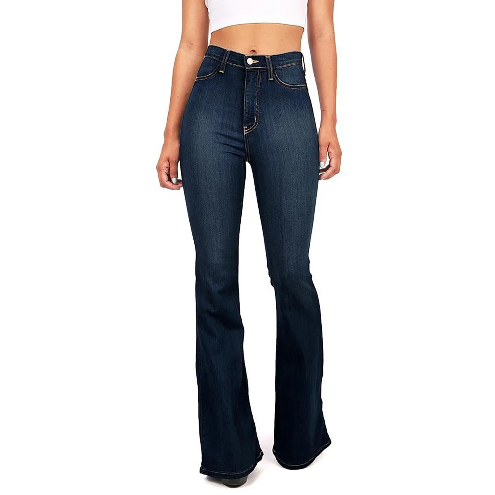 4XL Flare Jeans Womens High Waist Jeans Zipper Fly Denim Blue Black Jeans Wide Leg Pants Belt Tight Up Push Jeans Trouser 250306