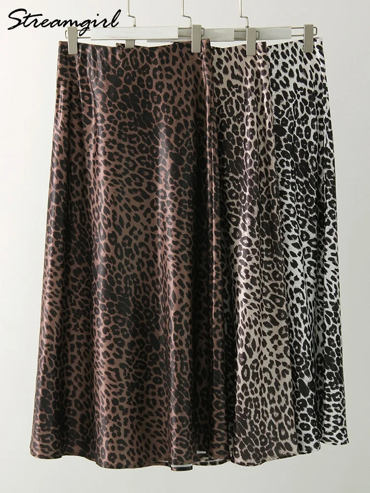 Long Leopard Skirt Women y Satin Skirts Ladies Office Party A Line High Waist Brown For Maxi Spring Summer 250311
