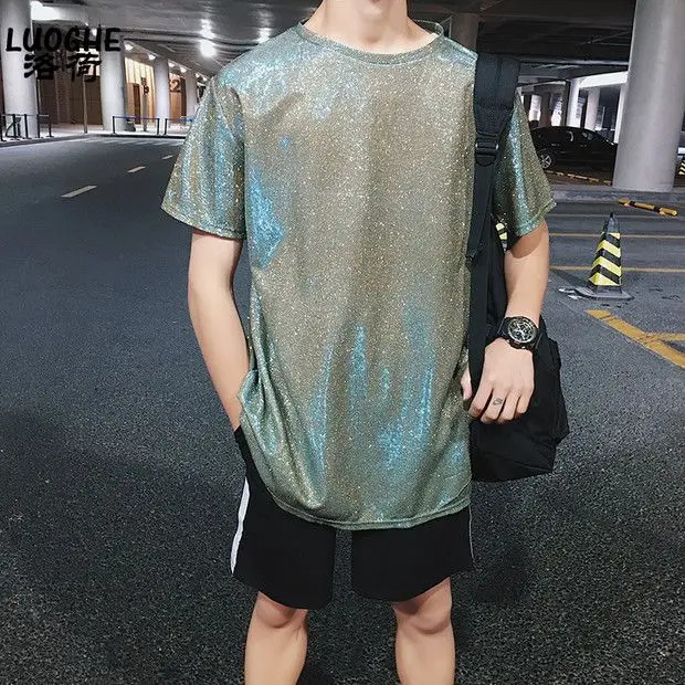 Shiny short sleeved T-shirt fashionable summer mens stage costume DJ top 250310