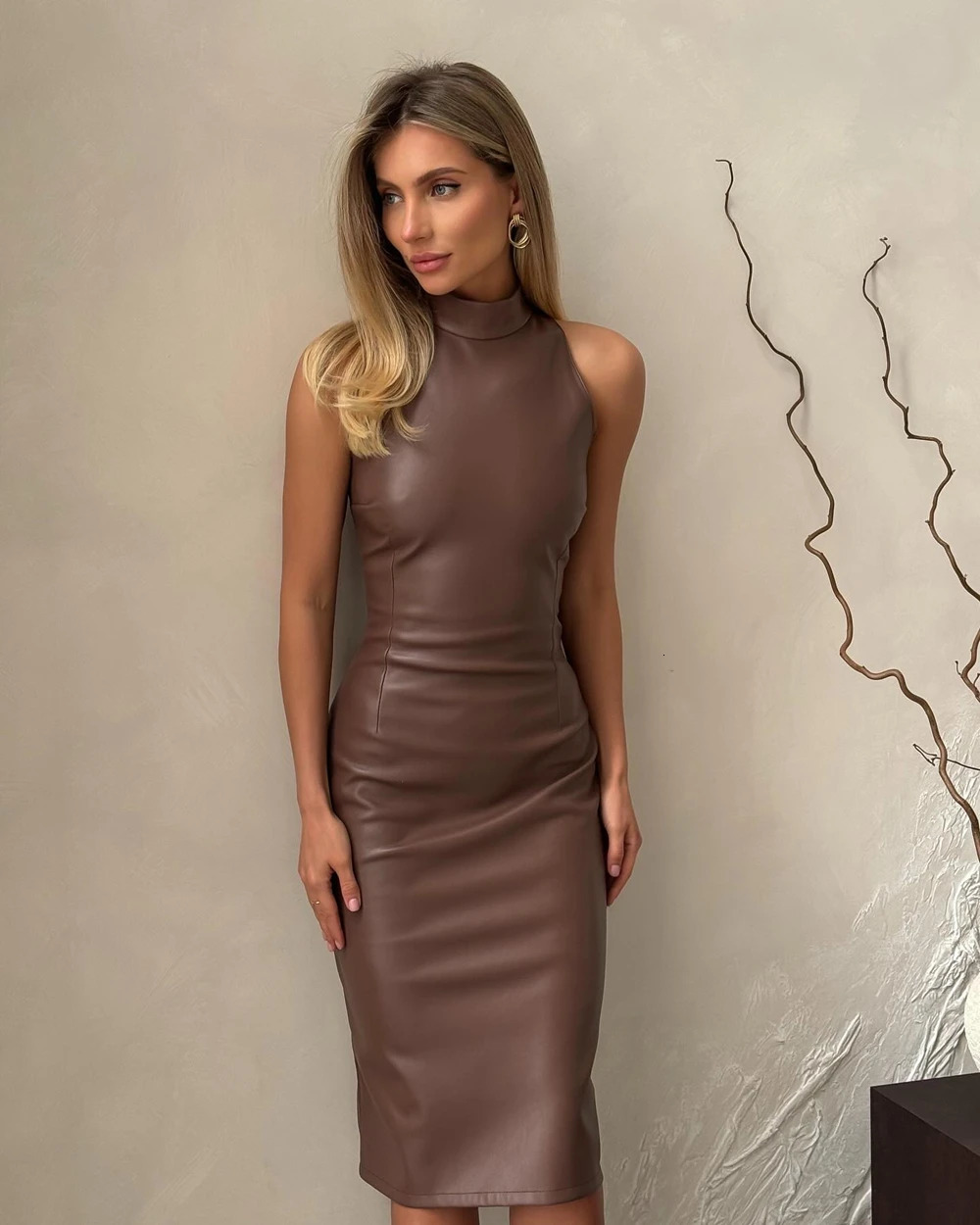 European and American style fashionable PU leather solid color splicing sleeve strapless slim fit Hip dress 250311
