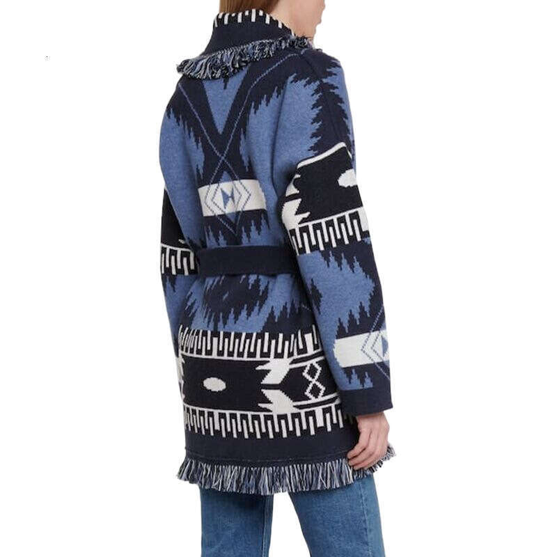 Bohemian Fringe Cardigan In Autumn And Winter, Niche Geometric Pattern, Contrasting Color Jacquard Knitted Jacket For Women