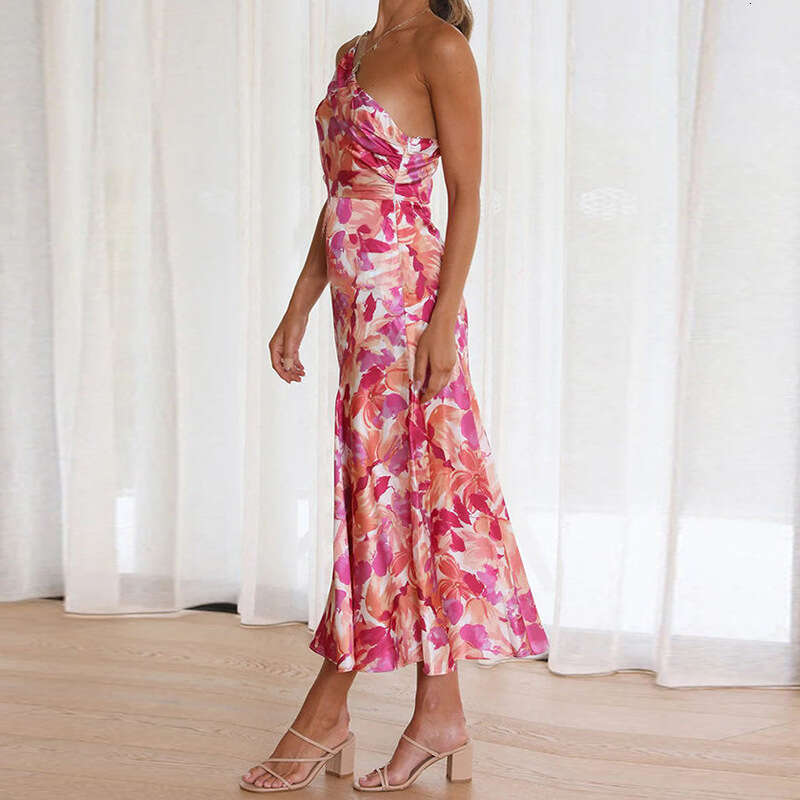 Sample Of Women's Commuting Simple Printed Diagonal Collar Ruffle Edge Dress KLMY