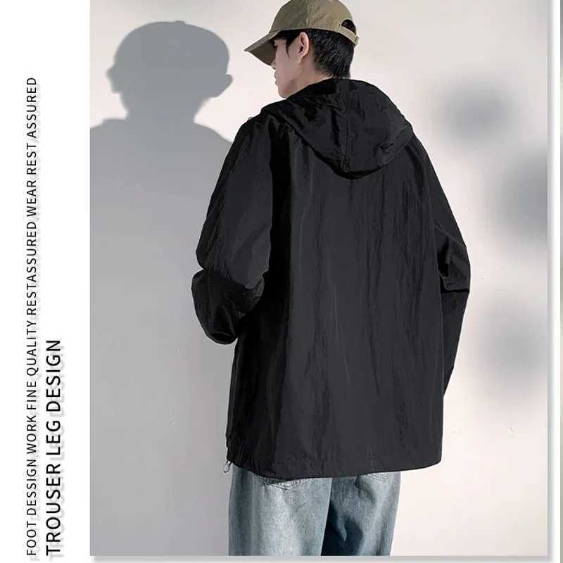 Summer Hooded Thin Jacket Men Waterproof Sun Protection Clothing Full Zipper Quick Dry Skin Black Windbreaker CoatT250311
