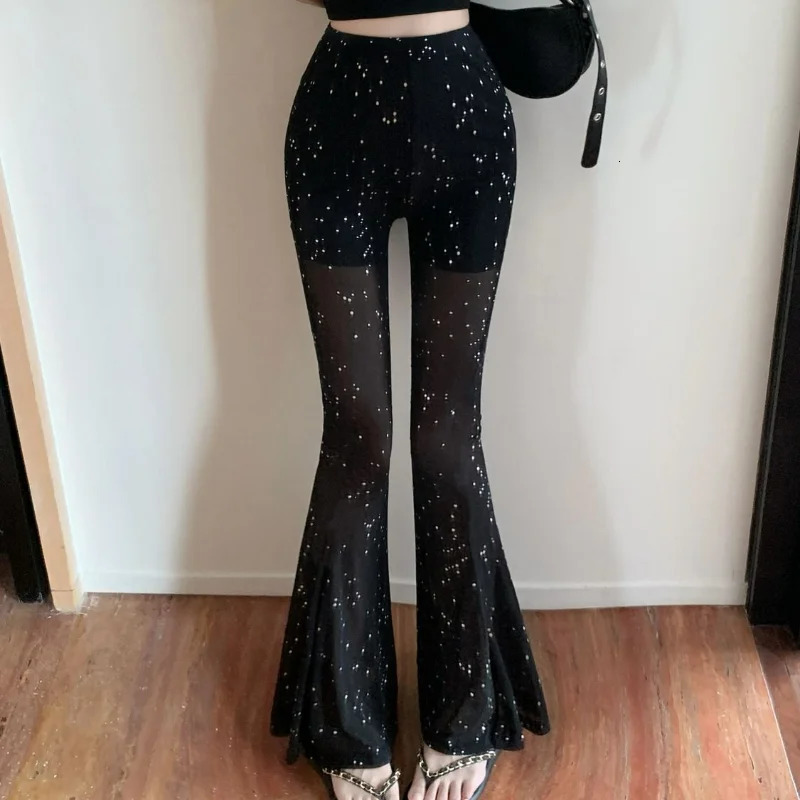 Korean High Waist Mesh Perspective Casual Pants Women Summer Black Flare Shiny Quick Drying Tight Sexy Straight Trousers 250306