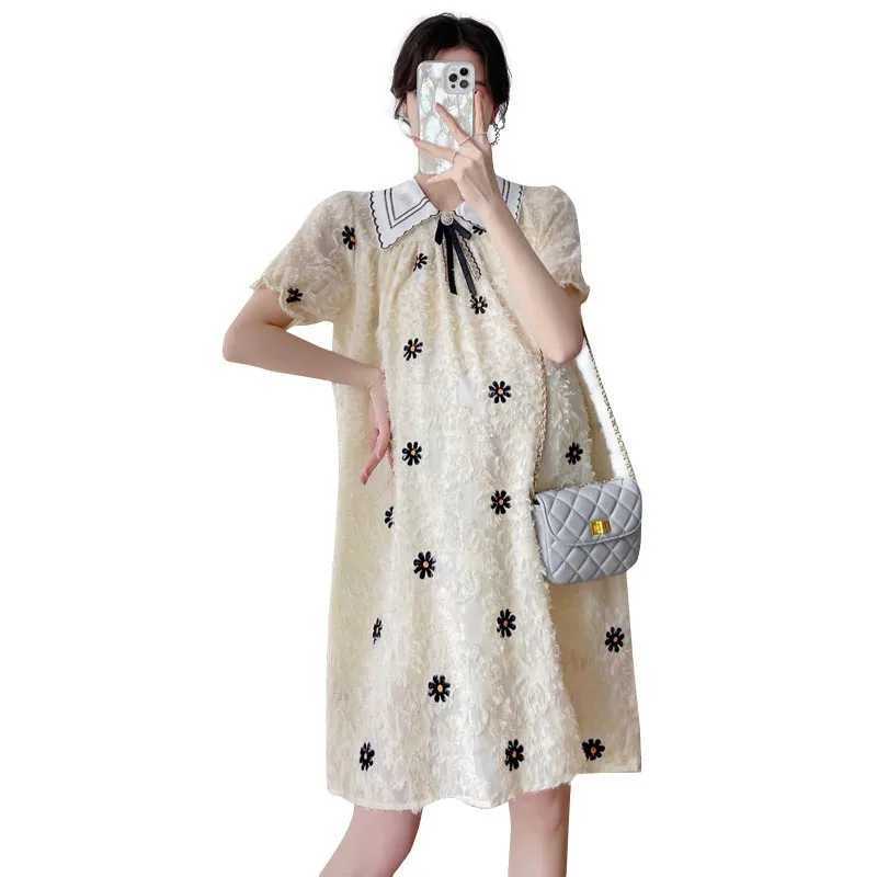 Maternity Summer Dress Fashion Floral Embroidered Lace Short Sleeve Dress Loose Casual Sweet Elegant Maternity Clothing DressT250311