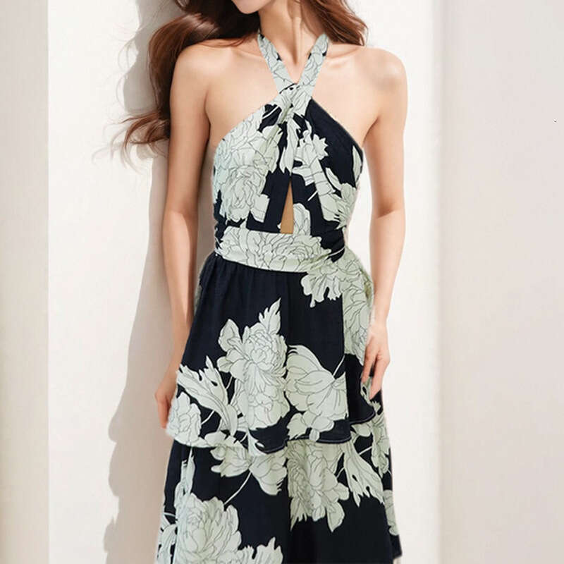 2025 Spring New Women's Clothing Elegant Printed Neck Strap Dress For Women KLMY