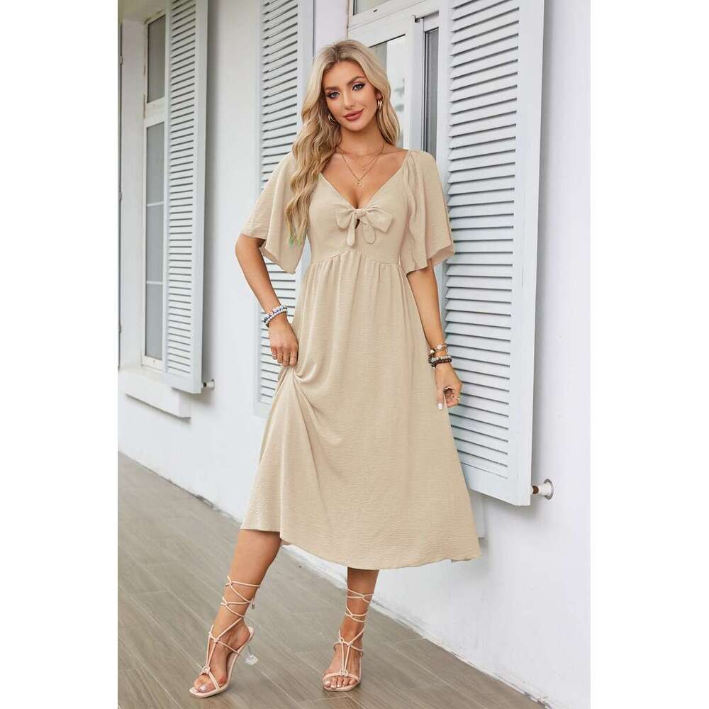 popular European American women's V-neck bow pleated medium long short sleeved dress 2025 new style chic and elegant clothing