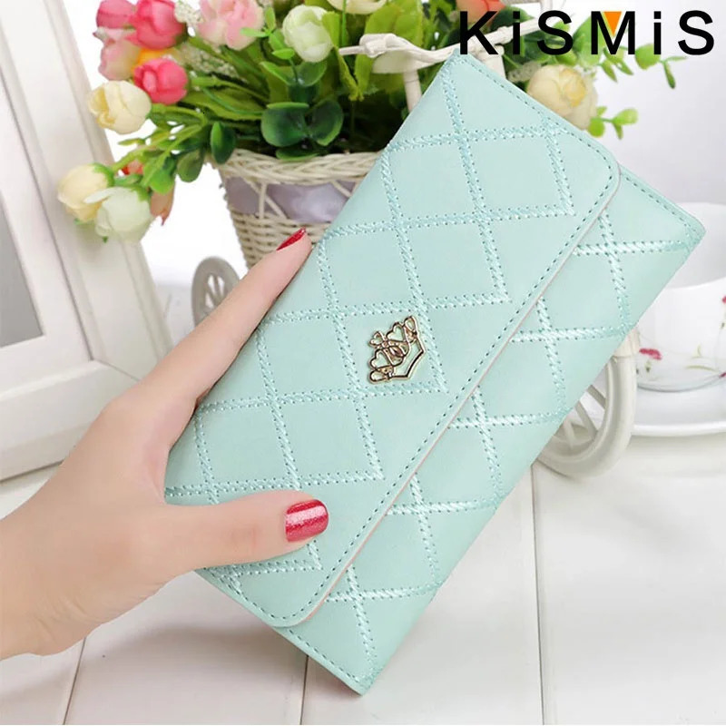 KISMIS Wallets for Women Cute Pink Pocket Womens Purses Plaid PU Leather Long Wallet Hasp Phone Bag Money Coin Ca 250311