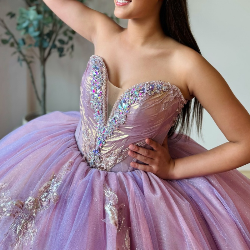 Light Lilac Shiny Off Shoulder Quinceanera Dresses Applique Lace Beads Tull Party Birthday Sweet 16 Dress Vestidos 15 De Anos
