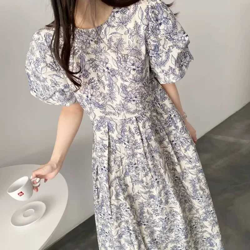 Chic Korean Style Summer Round Neck Ruffle Edge Design Loose Fit Floral Dress Long Dress For Women Fashionable and ElegantT250311