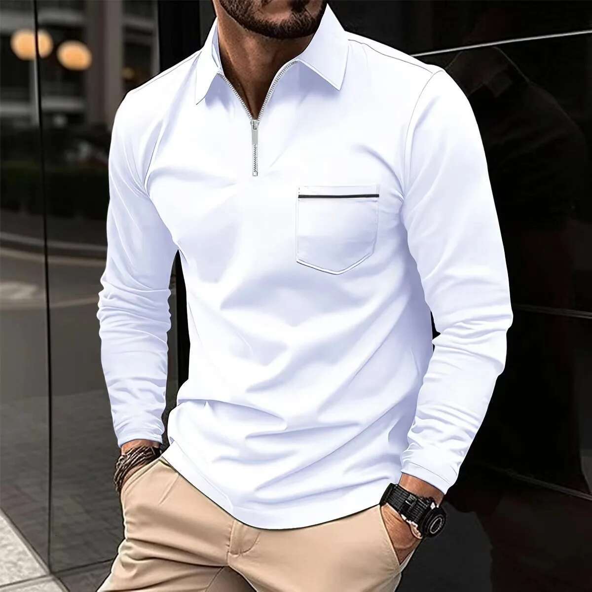Spring Autumn Solid Color Polo Shirt Zipper Pocket Lapel Men's Casual Sports Long Sleeve Top Men