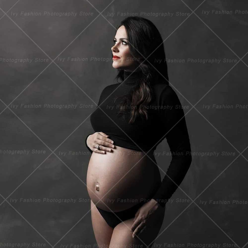 Maternity Dresses For Photo Shoot Open Belly Set Two Piece Black Elastic Fabric High Neck Short Top Pregnant Photo Shoot Clothes X250224
