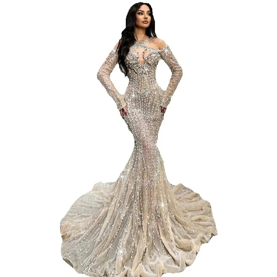 Elegant Sequined Crystal Mermaid Prom Dresses Sexy Halter Beading Formal Party Dress Long Sleeve Evening Gown Custom Made