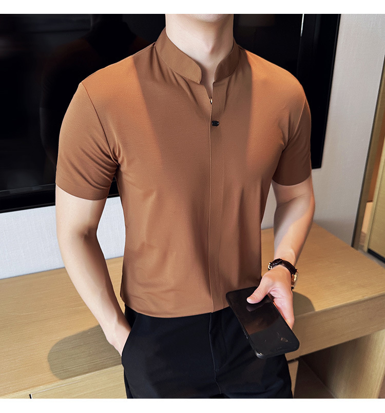 New Chinese style stand up collar with seamless drape and high elasticity, V-neck polo shirt, thin short sleeved t-shirt, 2025 summer new trend t shir