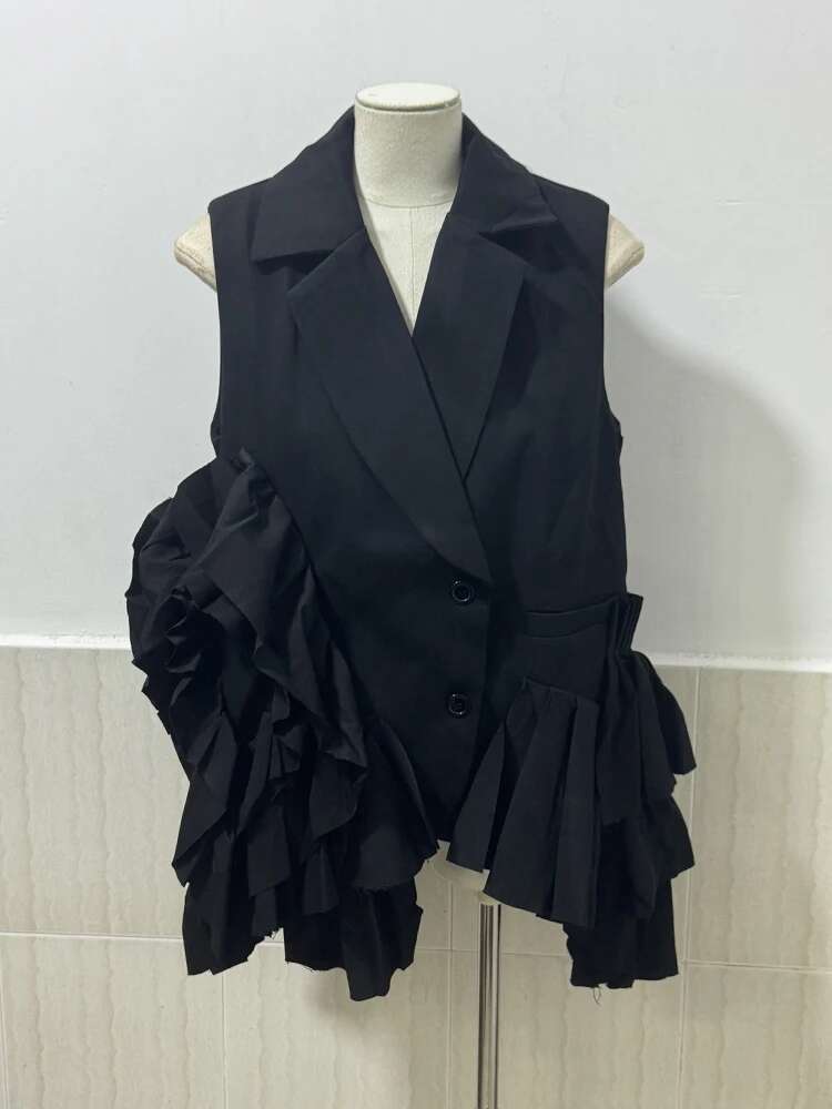 LANMREM Irregular Vest For Women Notched Collar Asymmetry Ruffles Spliced Black Coat Fashion 2025 Summer Autumn New 2Da5800