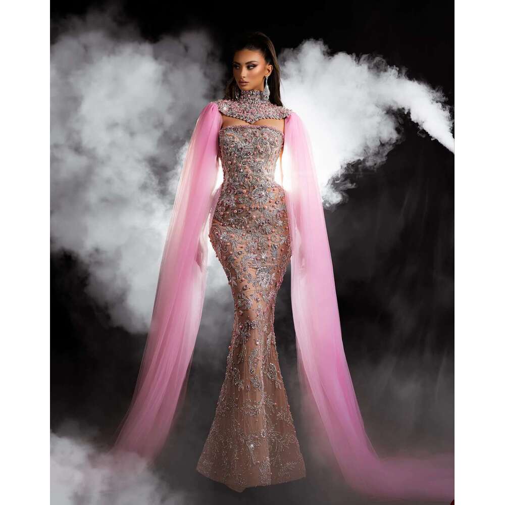Gracious high neck prom sexy pearls sequins lace mermaid evening dress female to floor custom party dresses