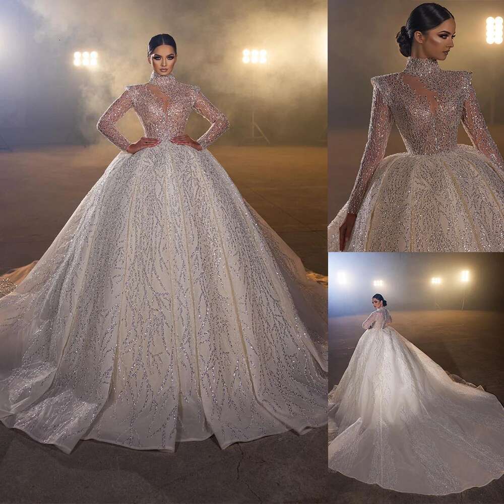 the sparkly ball dress high neck long sleeve lace wedding dresses