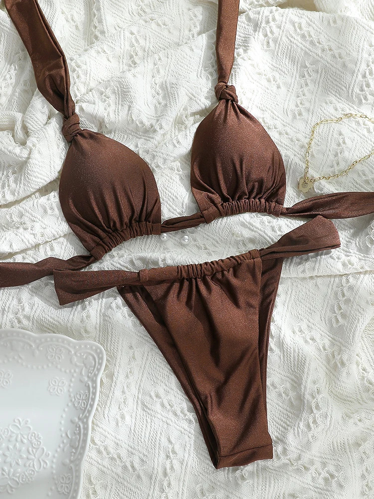 Tiedown Bikini for Women Triangle Swimwear Bathing Suit Brazilian 2Piece Folds Set solid Push Up Swimsuit 250310