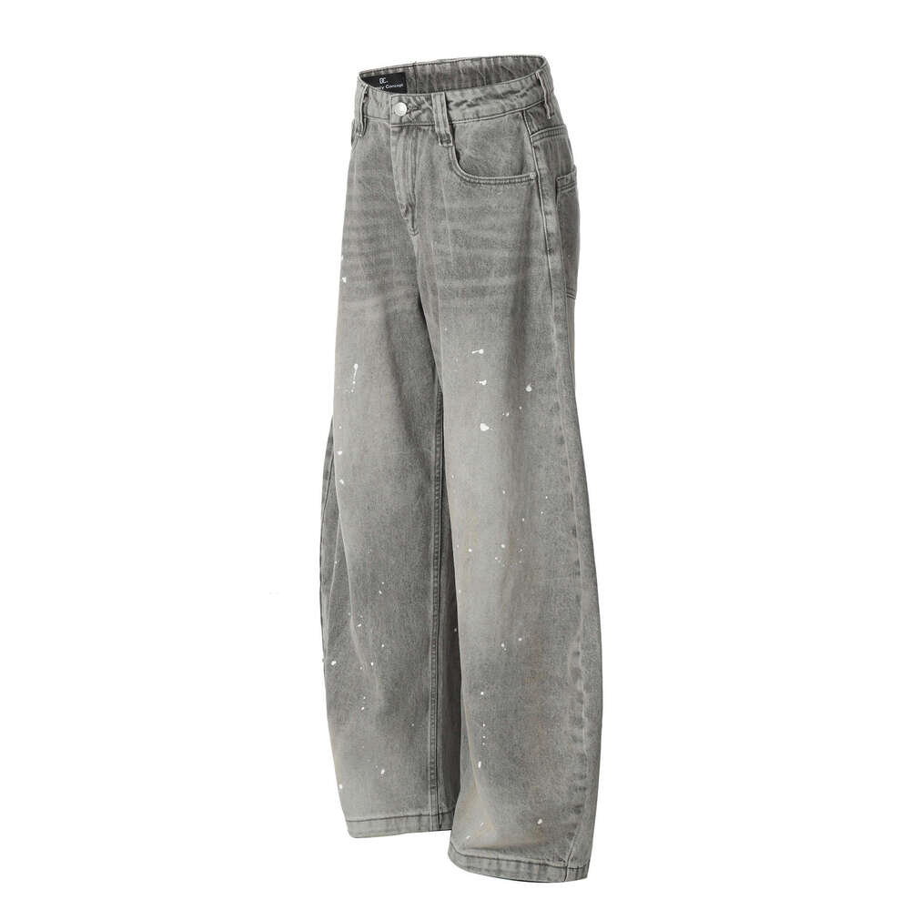 Jiayiku Men's 2025 New American High Street Inkjet Washed Curved Knife Jeans Vibe Wide Leg Pants