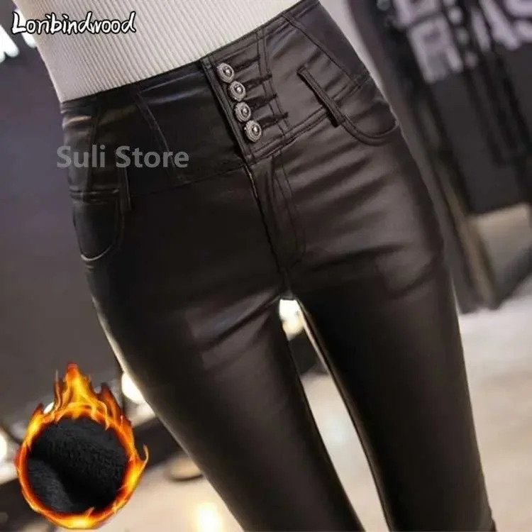 Winter Warm Womens Pants Direct Womens PU Leather Velvet Trouser Elastic Pencil Tights Womens Tights 250305Z