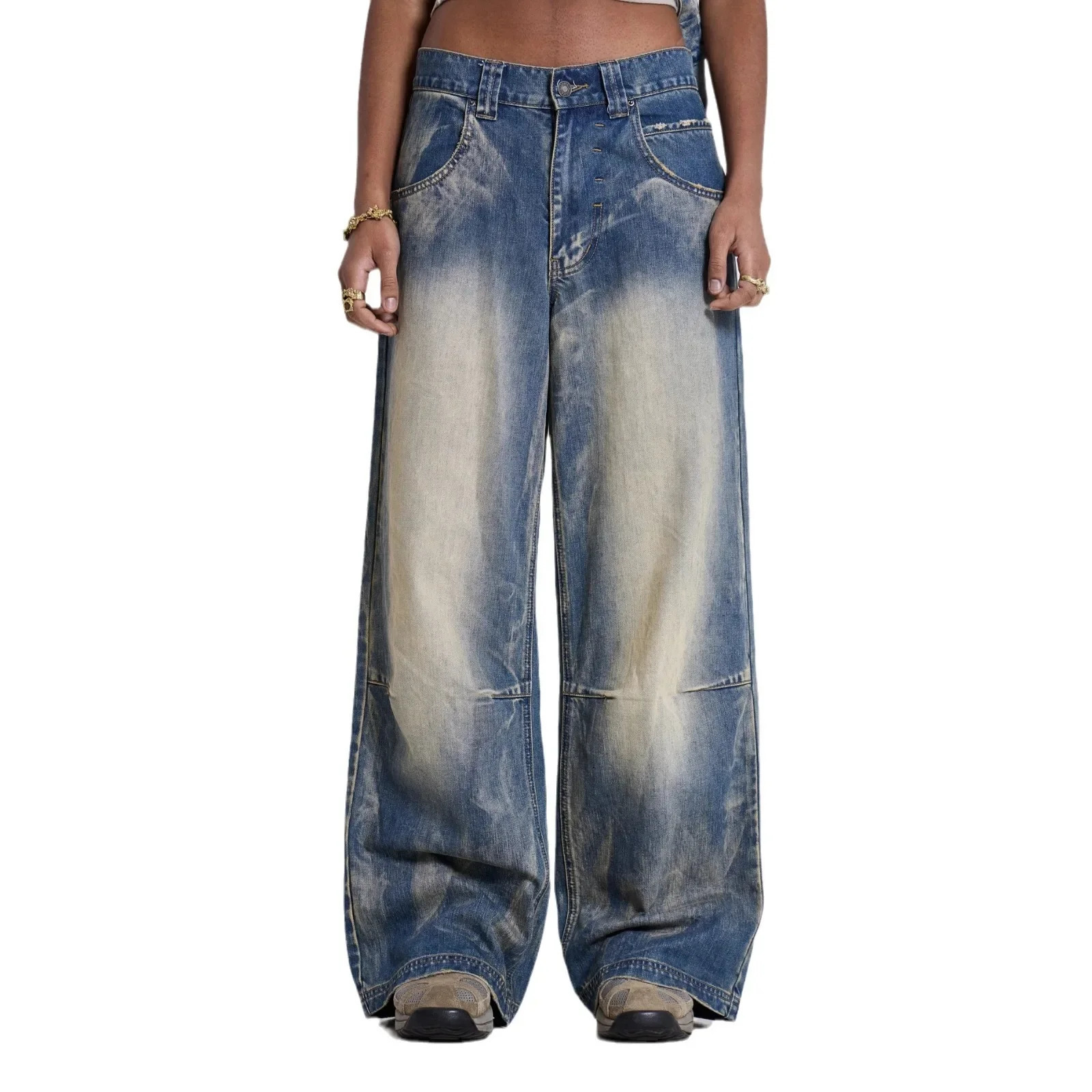 Vintage Streetwear Cropped Studded WideLeg Casual Jeans Loose Fit Fall Winter High Street Back Wing Printing Denim Pants 250311