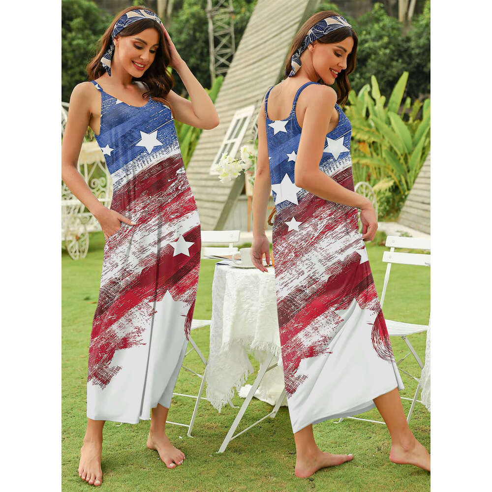 Summer European American Flag Printed with Strap Pocket Fashionable Women's Dress 2025 New Style Unique and Elegant Clothing