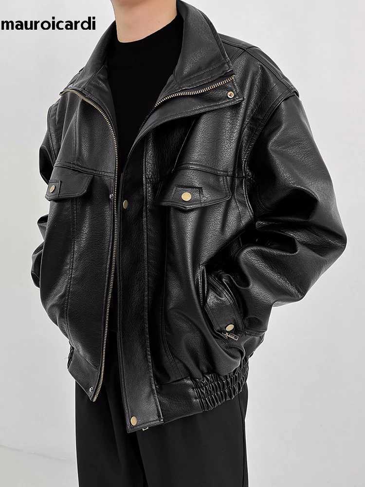 Mauroicardi Spring Autumn Oversized Cool Warm Thickened Hard Black Pu Leather Bomber Jacket Men Long Sleeve Unisex Clothes 2024T250311