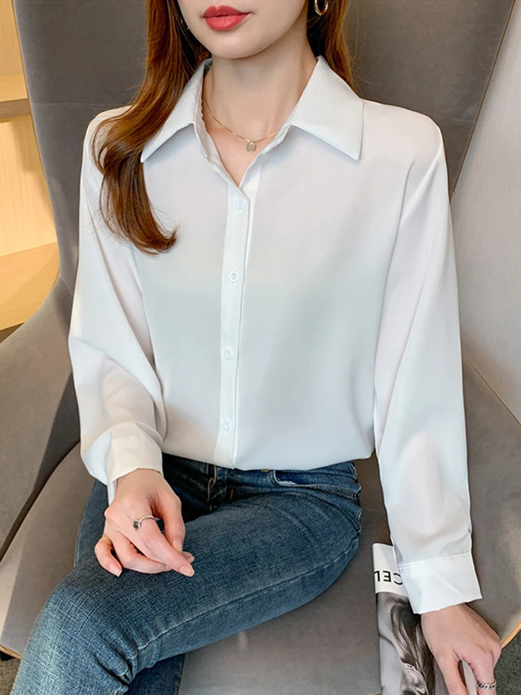 Minimalist Long Sleeve Satin Blouses Shirt Women Korean Style Solid Loose Shirts Blouse Female Casual Clothes OL Ladies Top 250310