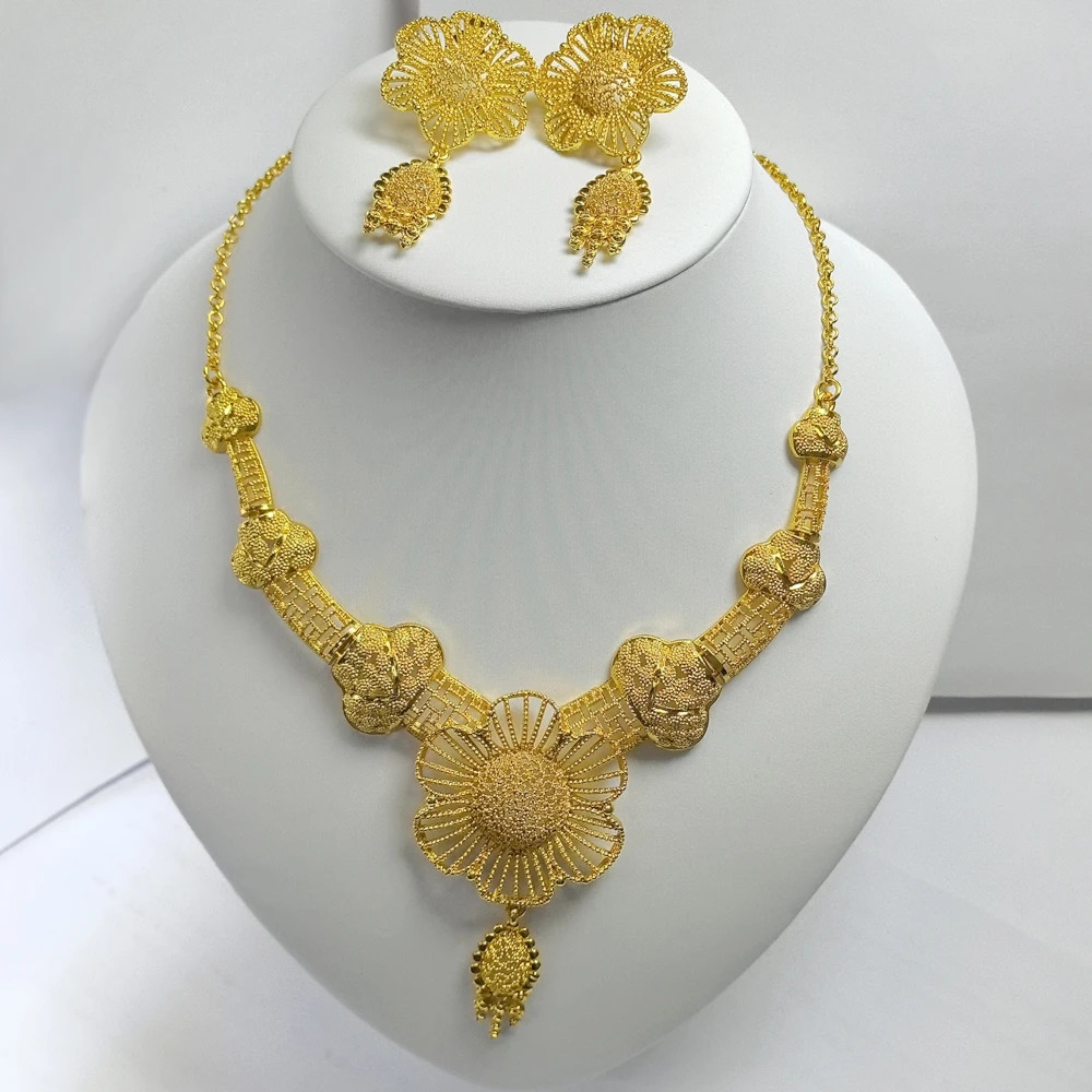 Dubai 24K Gold Long Jewelry Set Wedding African Necklace Earrings Nigerian Women Indian Bridal Party Gift 250311