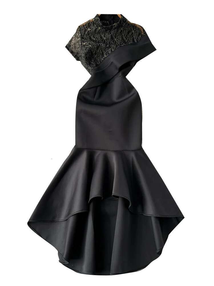 XFPV Women's A-E Splice Irregular Party Dress 2025 Spring Summer Fashion Short Sleeved High Waist Black Evening Dresses Sm003