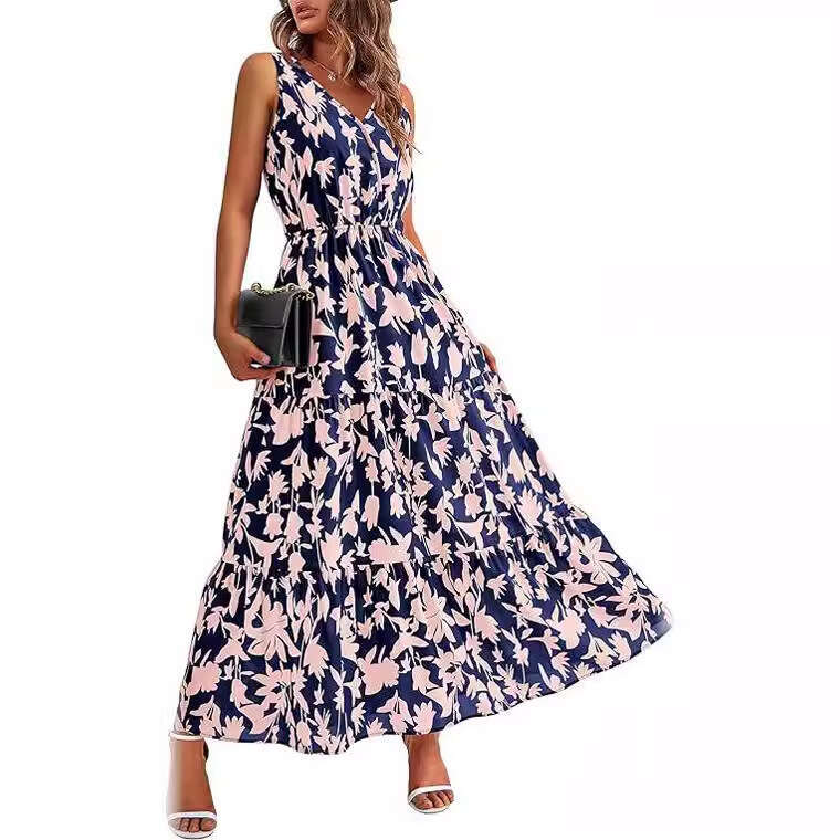 popular European American women's V-neck elastic waist casual sleeveless printed dress 2025 new style chic and elegant clothing