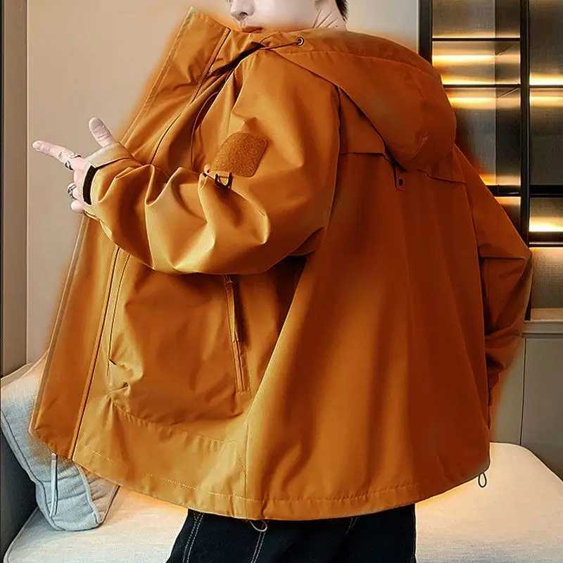 Spring Autumn Fashion Male Clothes Solid Color Jacket Chic Casual All-match Handsome Korean Youth Hooded Loose Waterproof CoatT250311