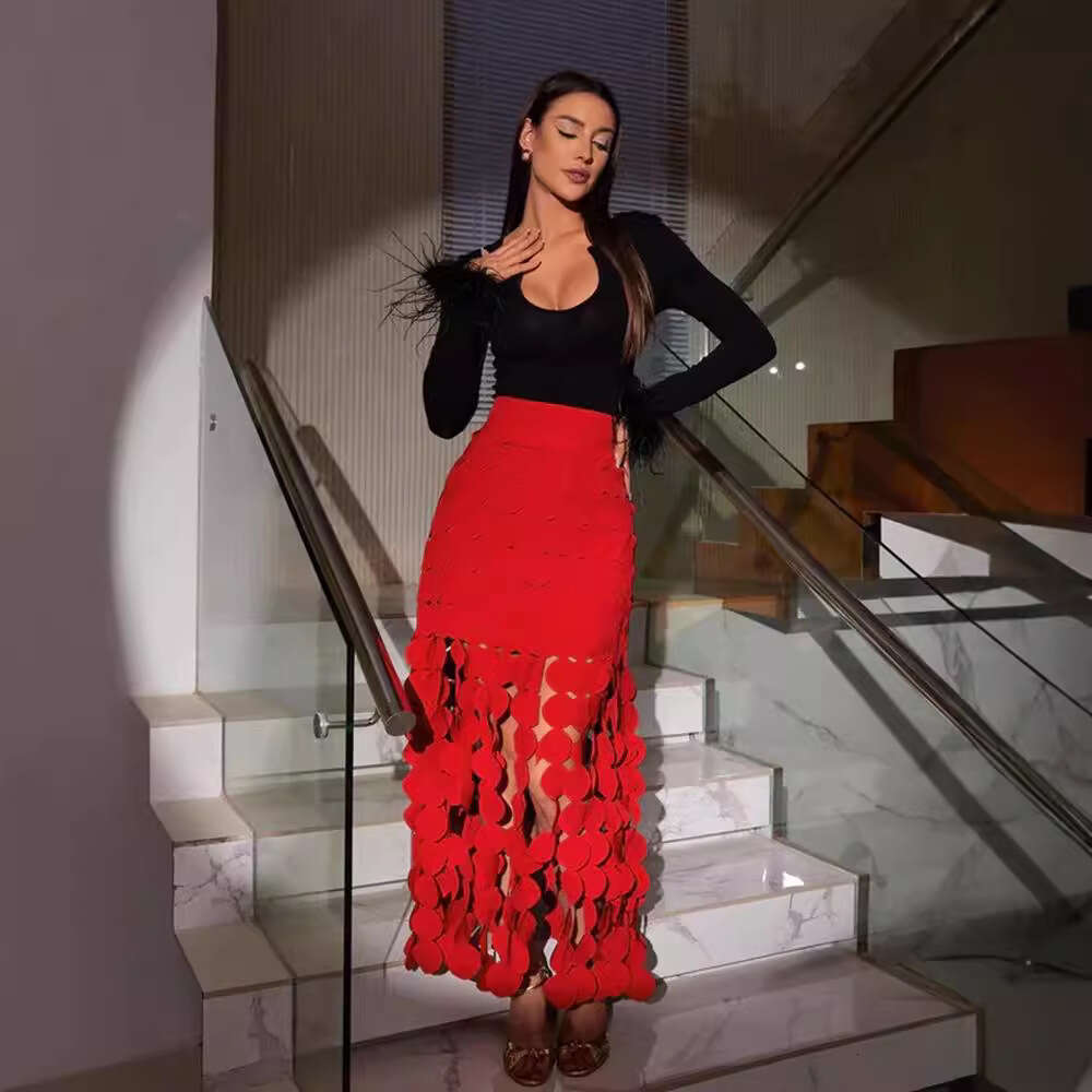 Australian New Long With High-End Design, Hollowed Out Circular Fringe, High Waist, Solid Color, Hip Hugging Skirt