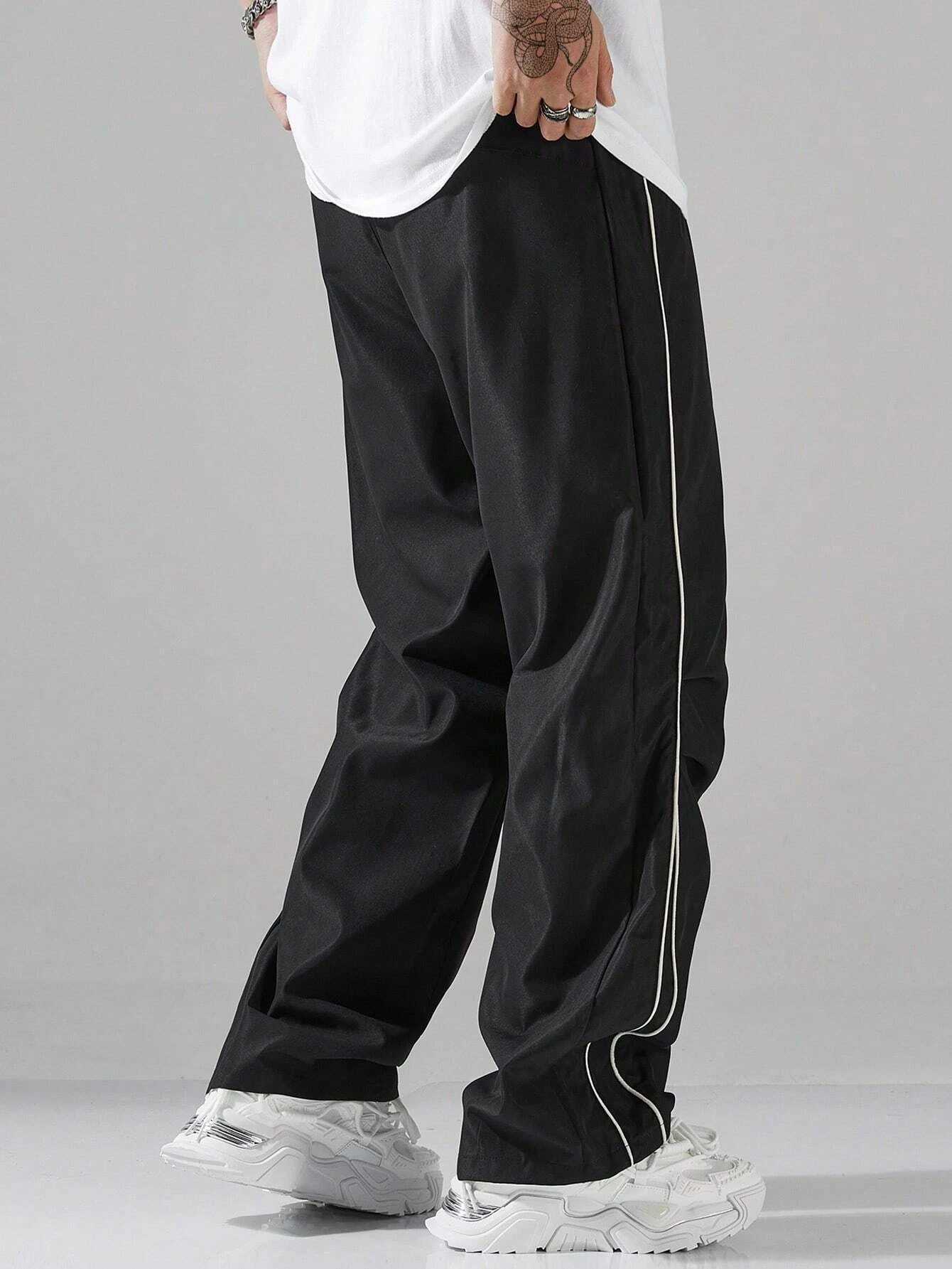 Larbulse Men Contrast Trim Trouser Fashion Casual Pants Solid Color Breathable Loose Straight Drawstring Pants StreetwearT250319