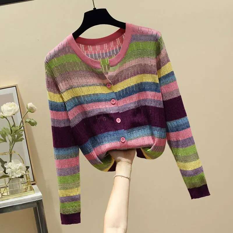 Rainbow Striped V-Neck Knitted Casual Chic Long Sleeve Women's Single Breasted Sweater Cardigan For Women Clothing