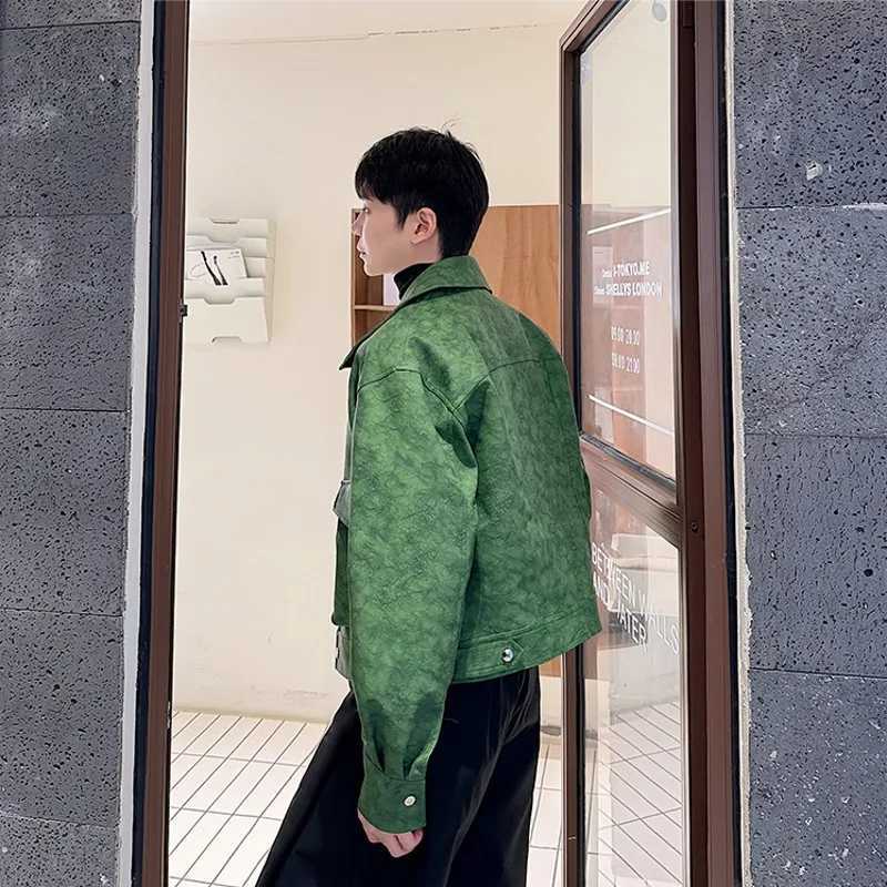 New Mens Short PU Leather Jackets Matte Tie-dyed Fashion Motorcycle Coat Hip Hop Streetwear Clothes Man Green PinkT250311