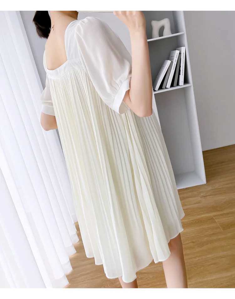 Beige Pink Sunmer Pregnant Woman Pleated Dress Plus Size Maternity Chiffon Dress Mid-Calf Pregnancy Clothes with Belt WholesaleT250311