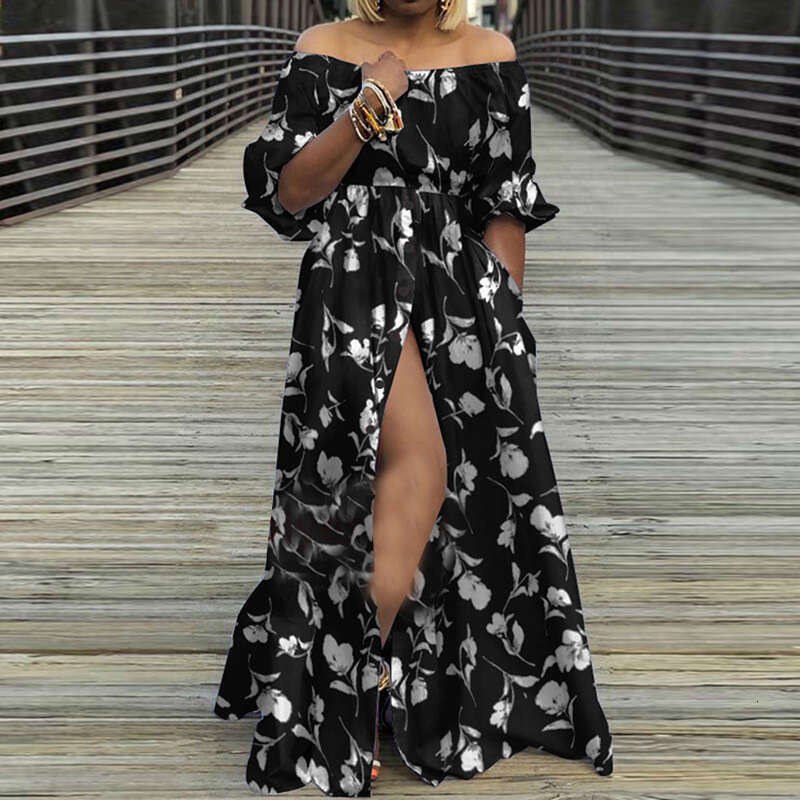 Women's Temperament One Shoulder Printed Slit Waist Wide Swing Dress 661 KLMY