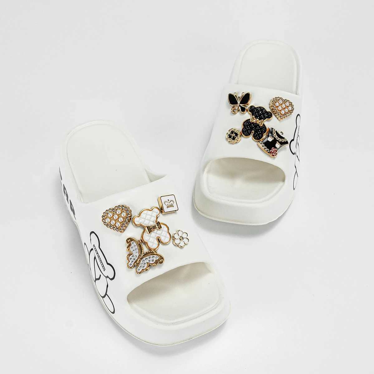 New Black and White Bear Thick-Soled Wedge Heel Womens Sandals and Slippers E19XJ250311