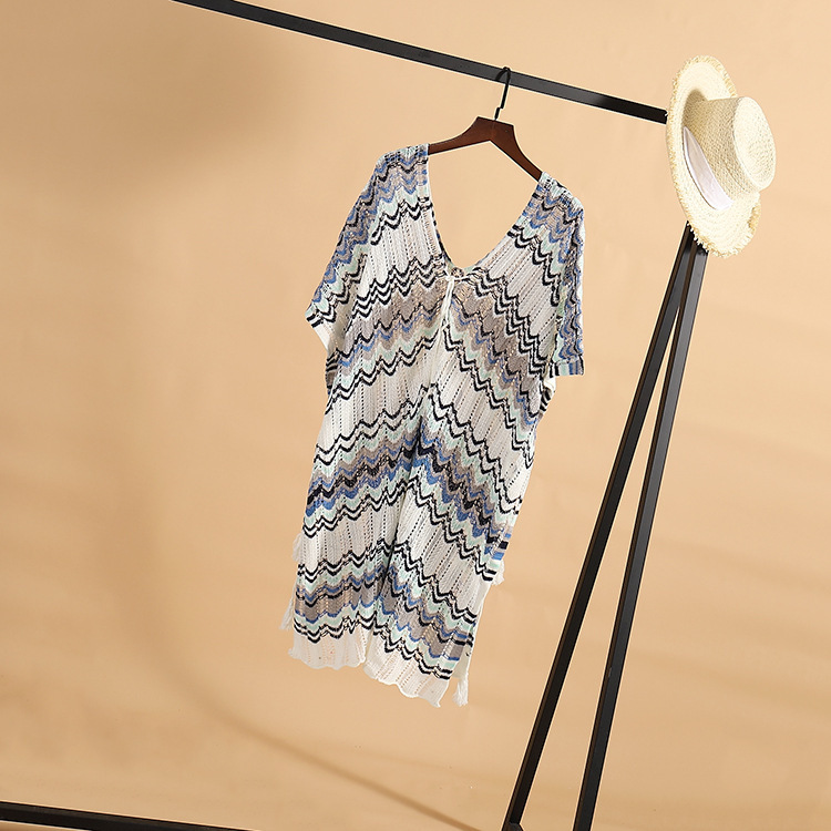 New Beach Vacation Knitted Skirt With Hollowed Out Lace Up Loose Sun Protection Clothing, Multi-Color Patchwork Bikini Cover Shirt