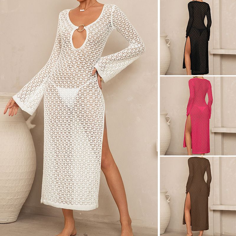 Holiday Side Split Hollow Metal Buckle V-Neck Flared Sleeve Beach Sunscreen Backless Cover Shirt Long Skirt