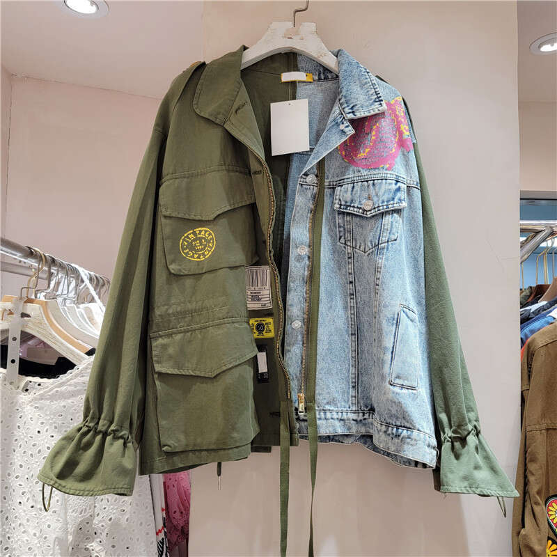 2023 Spring Autumn New Top Fashionable And Versatile Loose Splicing Color Contrasting Denim Coat For Women's Trendy School Season