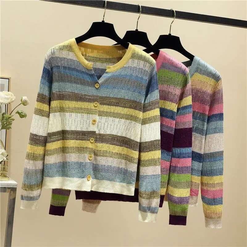 Rainbow Striped V-Neck Knitted Casual Chic Long Sleeve Women's Single Breasted Sweater Cardigan For Women Clothing