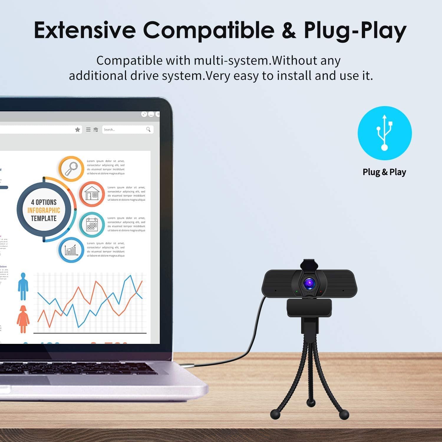 Professional USB Webcam with Integrated Microphone for Remote Collaboration - Ideal for Desktops and Laptops